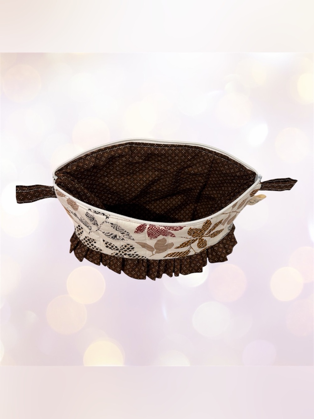 Floral Plaid Ruffle Cosmetic Pouch in Brown and Cream - Picture 3 of 3